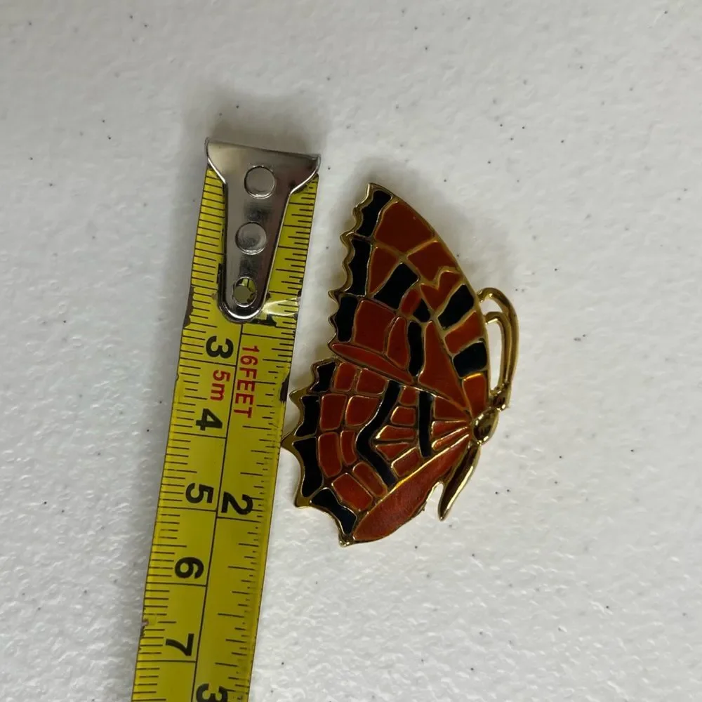 Vintage Orange Black Goldtone Butterfly Brooch Pin Costume Jewelry 1.25